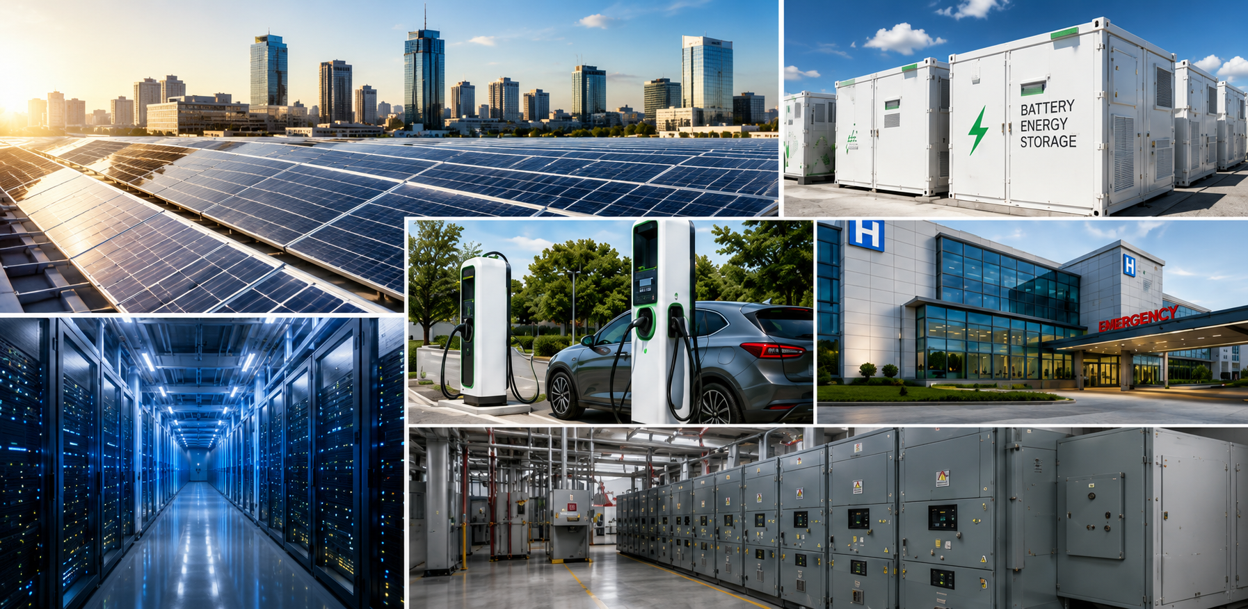 BESS battery storage, natural gas generators, electrical switchgear, solar and electric vehicle chargers for data-centers, hospitals, commercial and industrial buildings