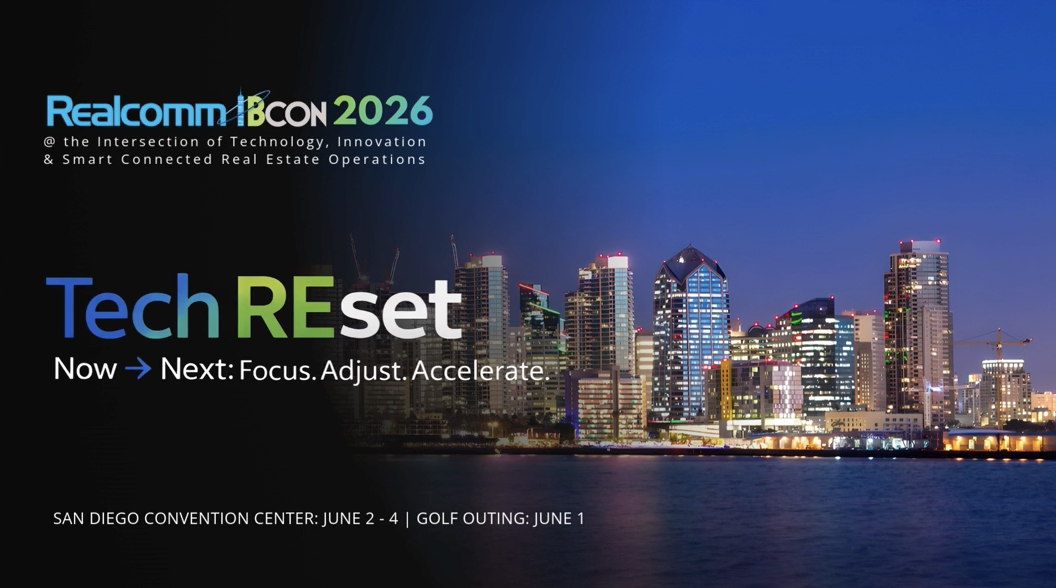Graphic showing Realcomm IBcon 2026 location and date with a city background